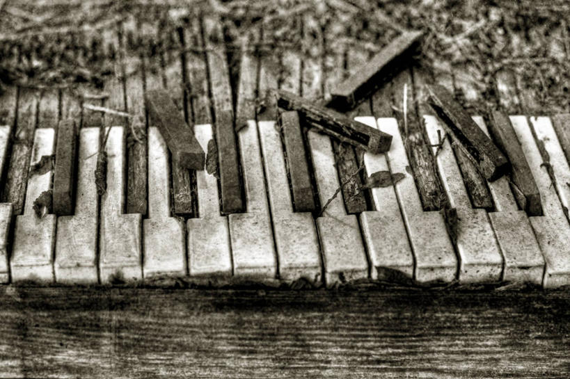 无人,横图,黑白,美国,钢琴,破坏,破损,一个,摄影,单个,损坏,腐烂,下降