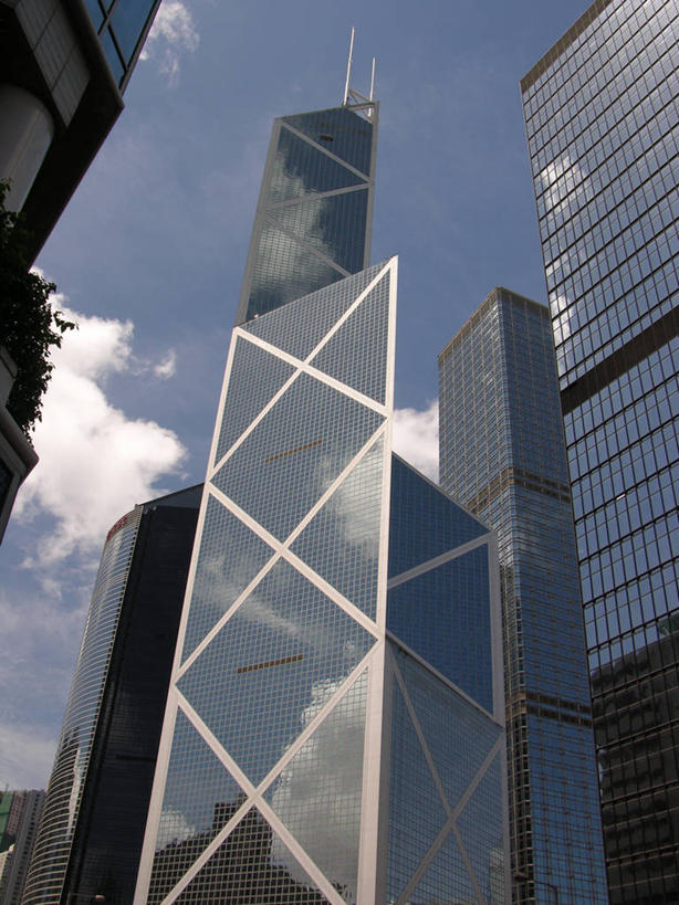 无人,银行,竖图,室外,白天,仰视,商务,城市,建筑,摩天大楼,香港,中国,反射,云,现代,天空,办公大楼,金融,摄影,企业,公司,东亚,金融区,彩图,低角度拍摄,旅行