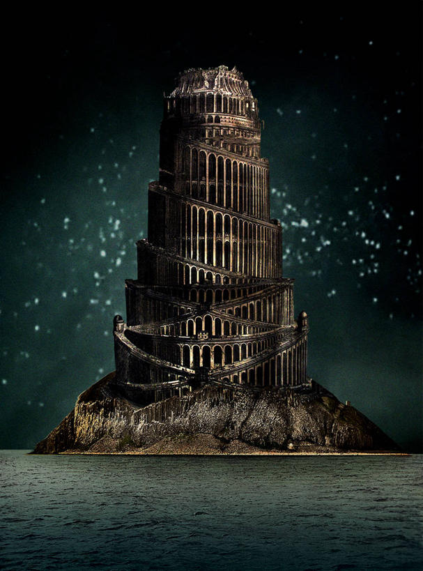 无人,竖图,插画,室外,夜晚,数码,科技,海洋,水,建筑,加拿大,阴影,太空,网络,岛,星星,塔,高光,几何,计算机图形,合成,图画,画,电脑合成图,数码合成图,合成图,漫画,写实,具体,具象,金字形神塔,岩石,彩图,巴别塔