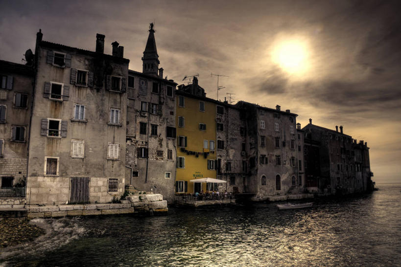 无人,横图,室外,度假,海洋,日落,太阳,建筑,克罗地亚,河岸,城镇,摄影,宁静,罗维尼,彩图,旅行