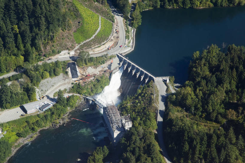 无人,横图,俯视,航拍,室外,白天,湖,森林,加拿大,水坝,摄影,环境,鸟瞰,替代能源,水力发电,彩图,高角度拍摄