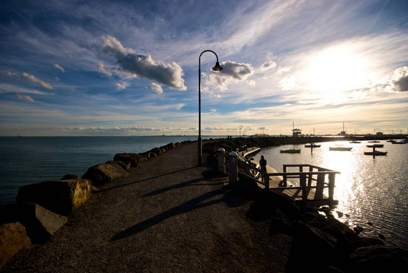 码头,横图,室外,海洋,日落,路灯,日光,反射,水平线,摄影,宁静,墨尔本,彩图,旅行