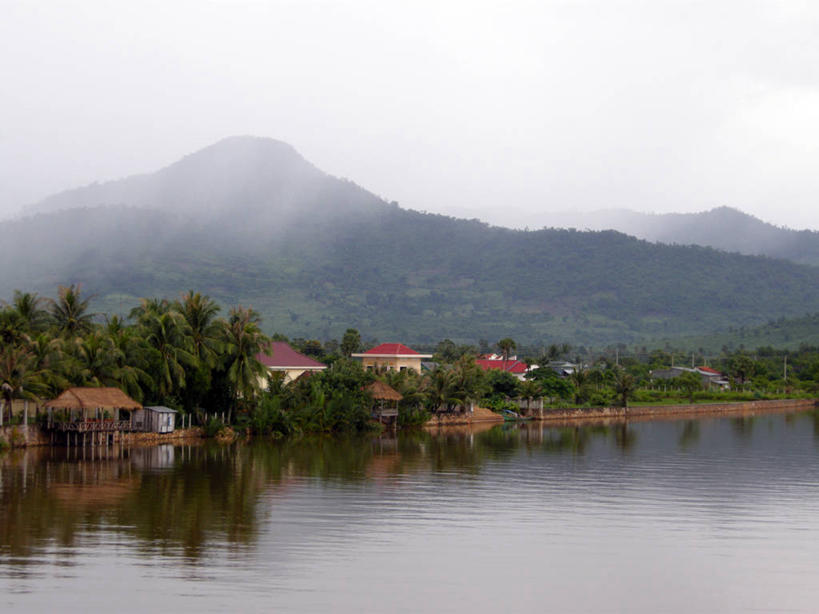 无人,横图,室外,白天,河流,山,雾,柬埔寨,反射,房屋,乡村,摄影,宁静,早晨,彩图,旅行