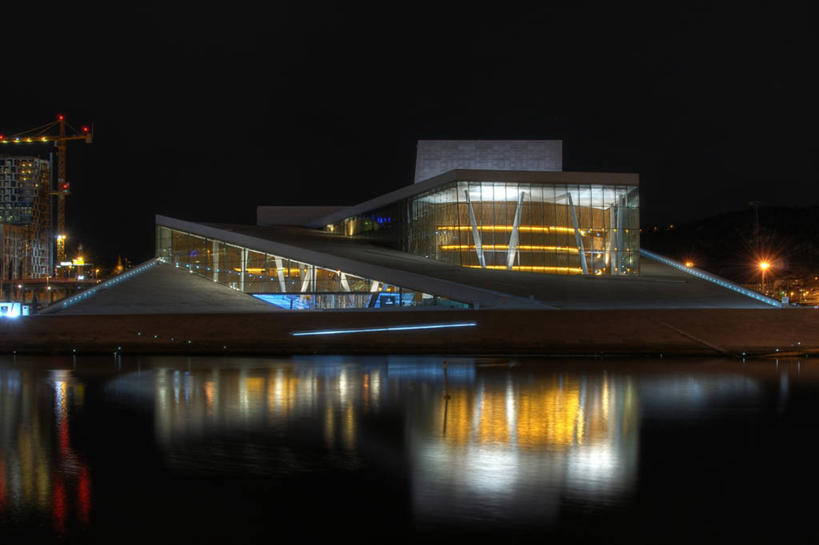 无人,横图,室外,夜晚,水,建筑,挪威,反射,歌剧院,首都,现代,摄影,照亮,奥斯陆,彩图,高动态范围成像