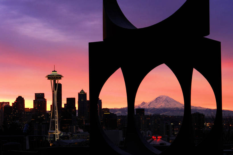 无人,横图,室外,日出,山,天际线,建筑,摩天大楼,美国,摄影,宁静,剪影,西雅图,彩图,旅行