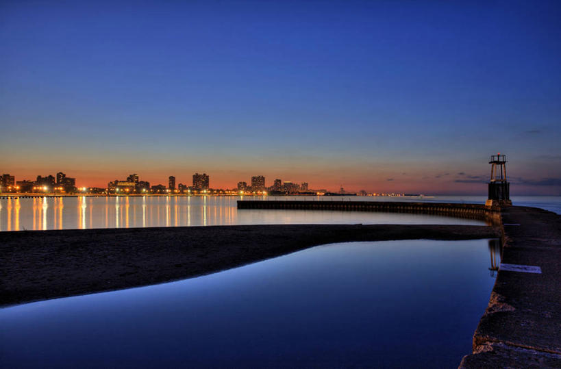 无人,码头,横图,室外,留白,日落,天际线,城市,港口,建筑,美国,摄影,宁静,照亮,剪影,密歇根湖,芝加哥市,彩图,摆渡口,埠头,渡口,渡头,港湾,海港,货运码头,口岸,商港