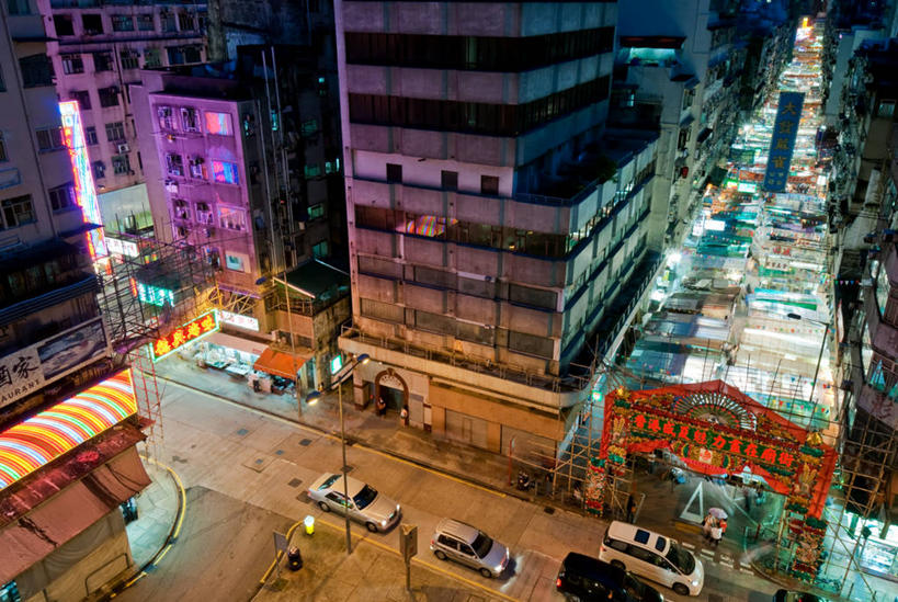 无人,横图,俯视,室外,夜晚,度假,美景,城市风光,城市,建筑,街道,摩天大楼,香港,景观,娱乐,享受,休闲,汉字,景色,放松,摄影,照亮,中国文化,九龙,彩图,高角度拍摄,庙街