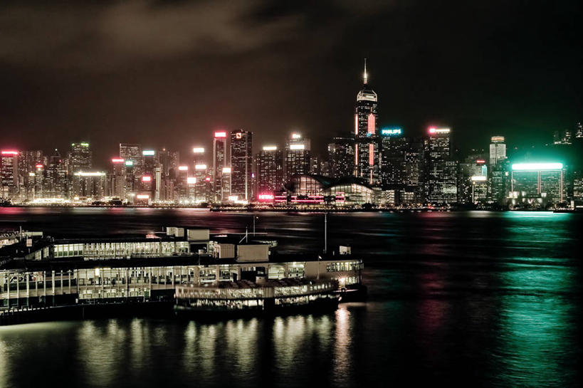 无人,横图,室外,白天,夜晚,水,天际线,城市,建筑,摩天大楼,香港,维多利亚港,摄影,照亮,彩图