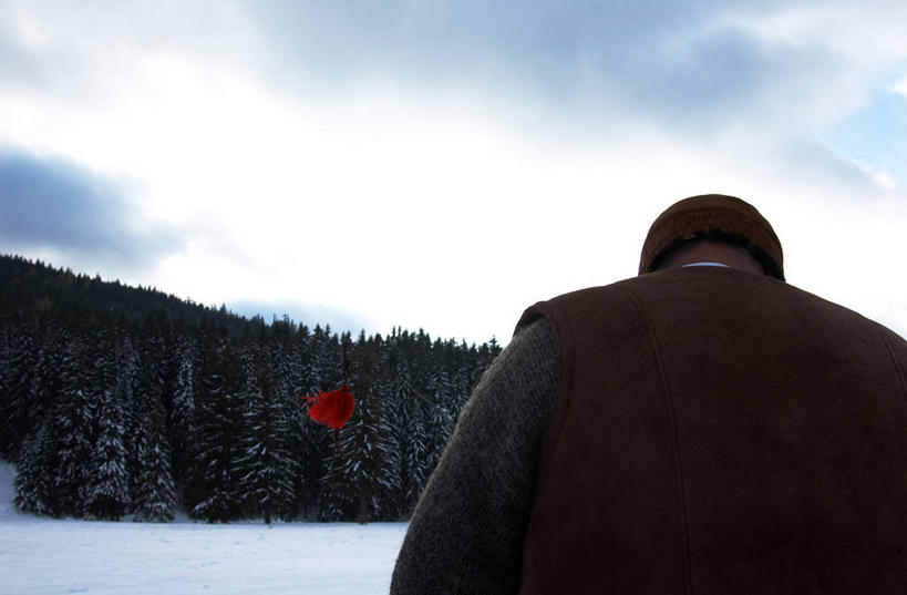 成年人,老年人,一个人,横图,室外,白天,森林,仅一个男性,仅一个人,仅一个中年男性,冬天,背面,红色,自然,低头,球体,寒冷,摄影,常绿树,垂头,男人,男性,中年男性,半身,彩图