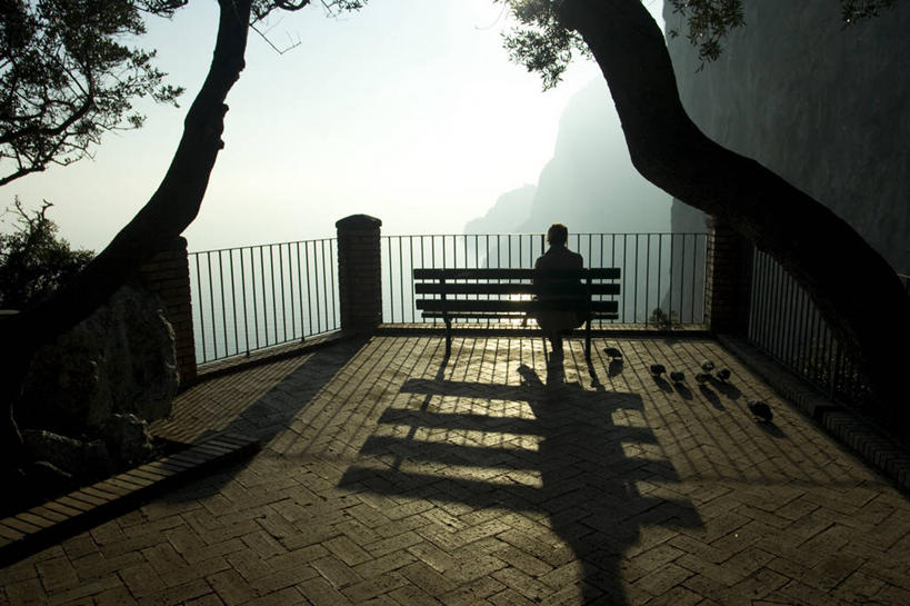 成年人,一个人,公园,栏杆,坐,横图,室外,白天,椅子,日光,意大利,仅一个女性,阴影,长椅,树,背面,思考,放松,摄影,剪影,卡普里,彩图,独处