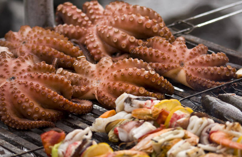 无人,横图,室内,白天,烧烤,章鱼,希腊,摄影,金属丝,健康食物,海产,彩图