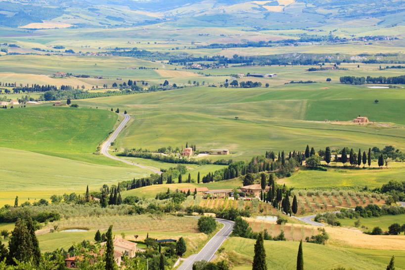 无人,横图,俯视,室外,美景,山,路,意大利,景观,田地,树,绿色,风景,自然,景色,摄影,自然风光,意大利文化,托斯卡纳区,皮恩札,彩图,高角度拍摄,景观设计