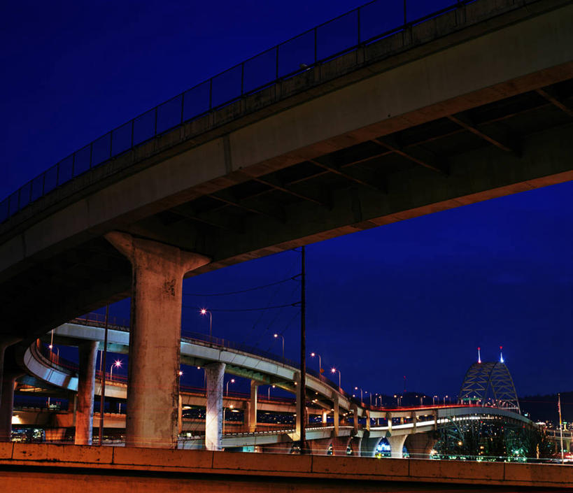 无人,横图,室外,夜晚,仰视,建筑,立交桥,美国,联系,运输,摄影,照亮,市区,高架道路,波特兰,彩图,低角度拍摄