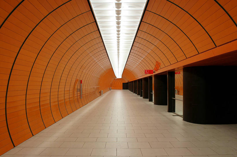 无人,横图,室内,建筑,隧道,圆形,慕尼黑,橙色,摄影,电灯,透视图,彩图