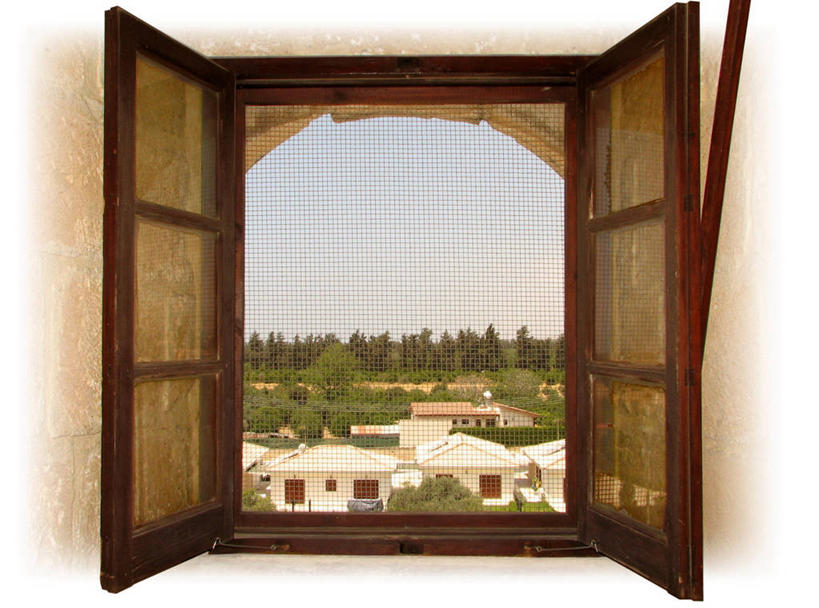 无人,横图,室内,特写,白天,窗户,塞浦路斯,房屋,铁丝网,注视,树,打开,观察,看,摄影,观看,察看,开启,关注,彩图