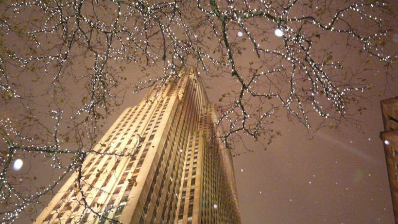 无人,横图,室外,夜晚,仰视,城市,建筑,摩天大楼,照明,美国,庆祝,彩灯,灯光,枝,灯,树,灯具,摄影,花灯,照亮,照明设备,圣诞灯,洛克菲勒中心,彩图,低角度拍摄