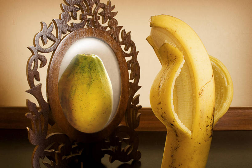 无人,横图,室内,镜子,木瓜,香蕉,反射,数码合成,饮食,热带水果,摄影,幽默,清新,健康食物,彩图