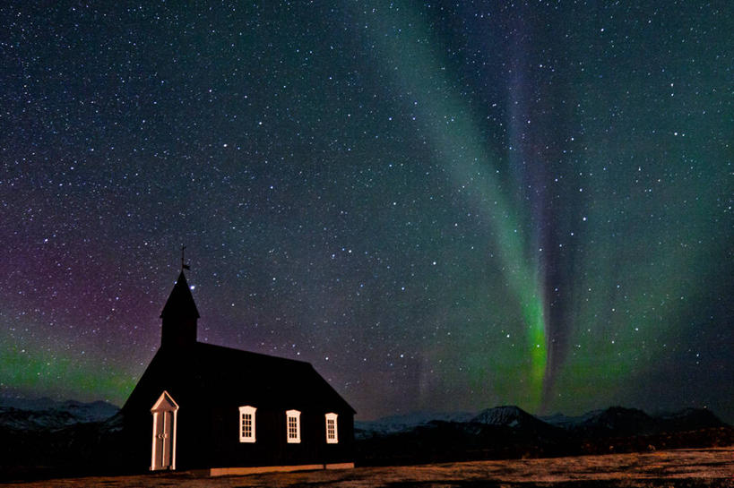 无人,教堂,横图,室外,夜晚,神秘,建筑,地形,星星,自然,摄影,宗教,宁静,照亮,基督教,斯奈山半岛,北极光,彩图,半岛