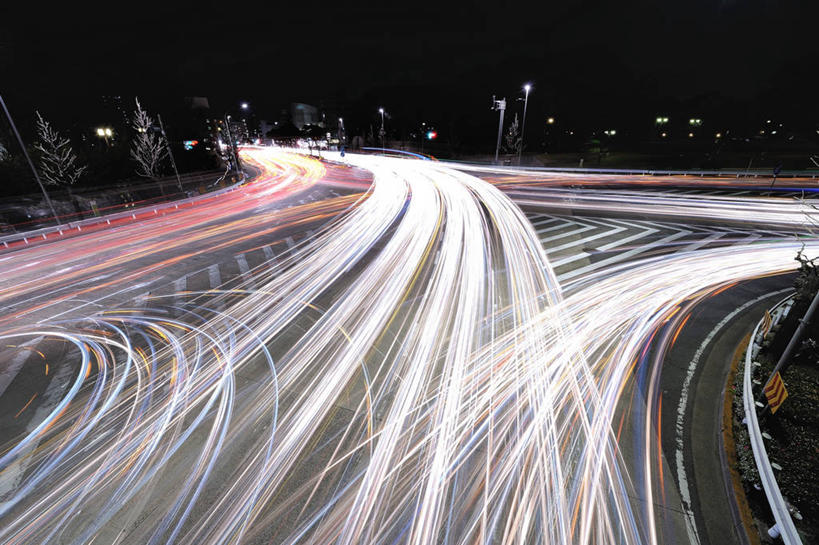 无人,横图,俯视,室外,夜晚,长时间曝光,城市,路灯,公路,爱知县,名古屋,日本,日本文化,树,运输,摄影,尾灯,迅速,照亮,彩图,高角度拍摄,名古屋城