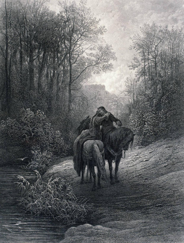 成年人,两个人,画家,竖图,黑白,插画,室外,白天,旅游,度假,绘画,数码,科技,美景,植物,马,阴影,艺术,网络,景观,高光,几何,计算机图形,古典,浪漫,合成,图画,文化,娱乐,骑士,画,树,小溪,自然,动物,工艺品,品味,两只,享受,休闲,家畜,景色,放松,搭,信仰,离开,美术,电脑合成图,数码合成图,高雅,贵族,武士,合成图,搭着,文学,自然风光,漫画,忠诚,写实,具体,具象,美学,勇敢,荣耀,骑兵,美术工艺,兰斯洛特,郎士乐,古斯塔夫.多雷,湖上骑士,圆桌骑士,男人,女人,拥抱,传统服装,爱