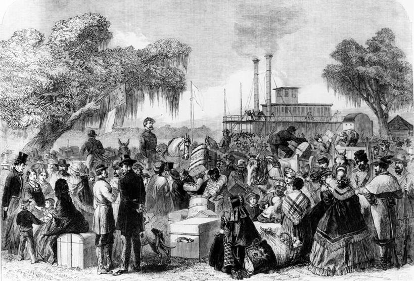 站,坐,横图,黑白,插画,室外,白天,旅途,数码,科技,轮船,船,美国,阴影,网络,高光,几何,计算机图形,合成,图画,历史,画,交通工具,电脑合成图,数码合成图,合成图,载具,等,群众,漫画,美国文化,路易斯安那州,写实,具体,具象,美国内战,美术工艺,难民,蒸汽轮船