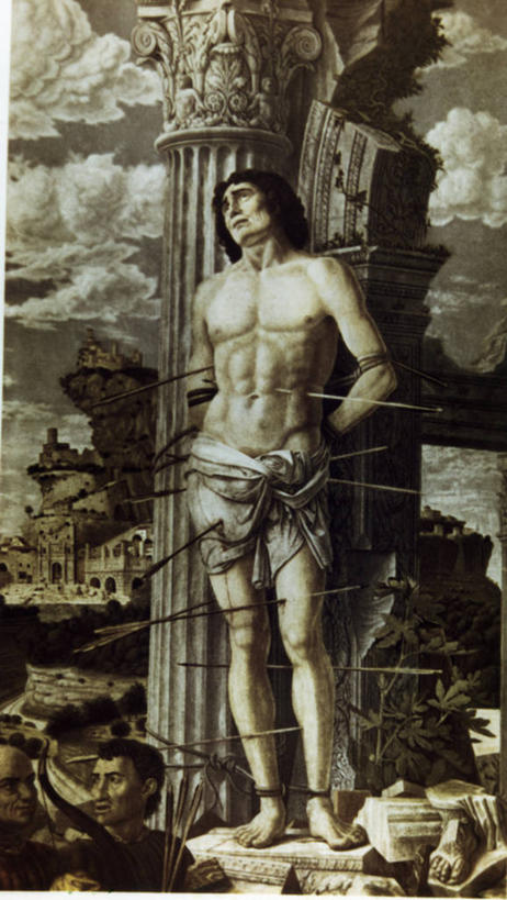 成年人,三个人,站,竖图,插画,室外,白天,绘画,数码,科技,阴影,艺术,网络,柱子,高光,几何,计算机图形,古典,文艺复兴,合成,图画,文化,画,箭,工艺品,品味,摄影,美术,死亡,电脑合成图,数码合成图,高雅,合成图,痛苦,漫画,祭品,背手,写实,具体,具象,美学,圣人,灵性,圣塞巴斯蒂安,彩图,殉道者