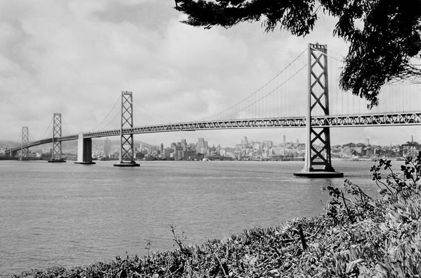 无人,横图,黑白,室外,白天,天际线,美国,联系,摄影,吊桥,加利福尼亚,旧金山,海湾大桥