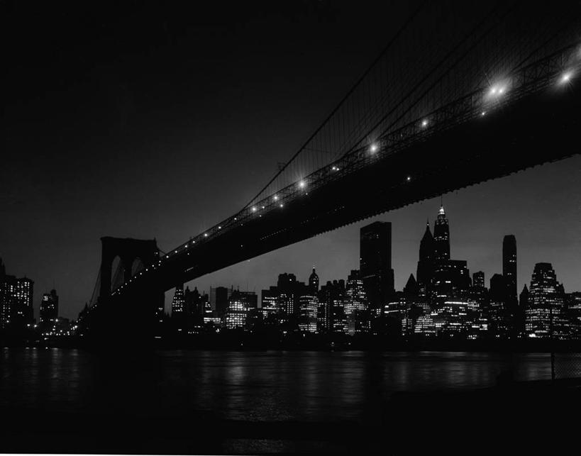 无人,横图,黑白,室外,夜晚,天际线,城市,建筑,摩天大楼,纽约,美国,曼哈顿,摄影,吊桥,市区,布鲁克林桥