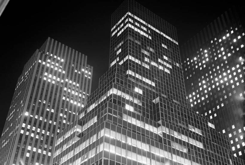 无人,横图,黑白,室外,夜晚,仰视,窗户,城市,建筑,摩天大楼,纽约,美国,摄影,照亮,市区,低角度拍摄