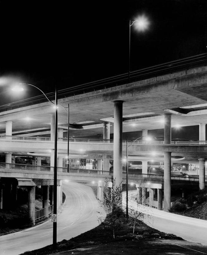 无人,竖图,黑白,室外,夜晚,建筑,路灯,美国,路口,联系,摄影,照亮,工程,加利福尼亚,高架道路