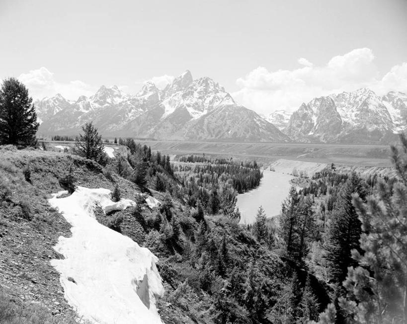 无人,横图,黑白,室外,白天,美景,森林,山脉,峡谷,雪,雪山,美国,融化,地形,景观,冬天,风景,自然,春天,景色,摄影,宁静,自然风光,怀俄明,蛇河,大提顿国家公园