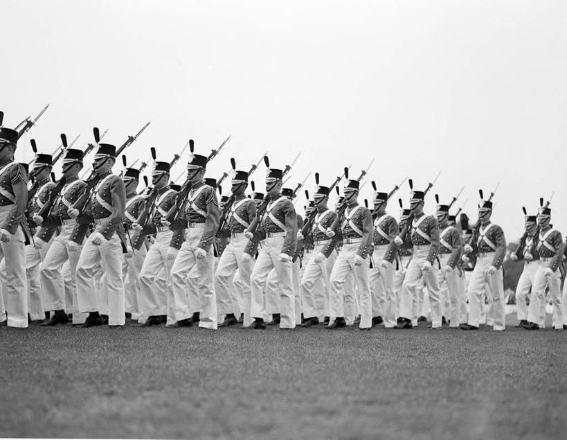 成年人,横图,黑白,室外,白天,侧面,帽子,美国,一排,士兵,整齐,枪支,许多人,草,排列,一群人,摄影,队列,军服,游行,军事阅兵,步行