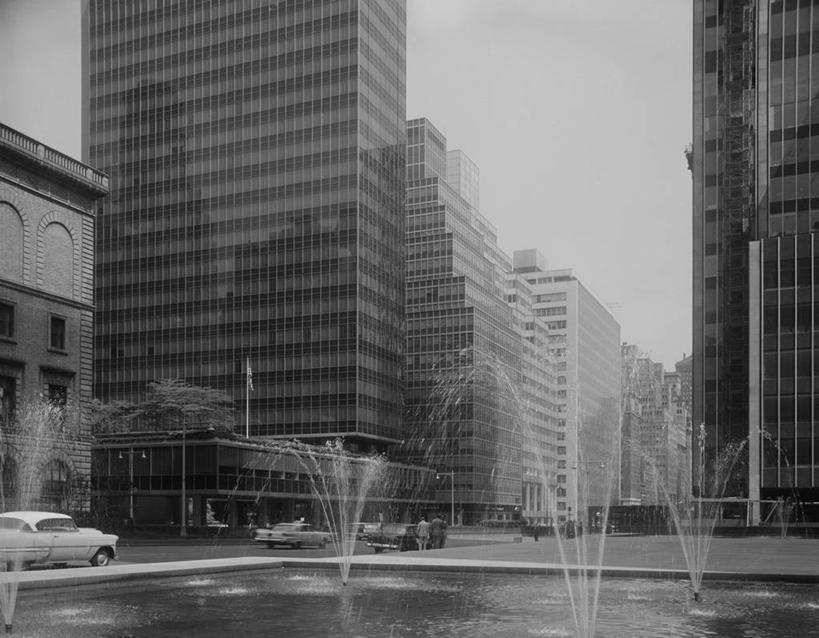 无人,横图,黑白,室外,白天,度假,美景,城市风光,城市,建筑,喷泉,纽约,美国,溅,反射,景观,曼哈顿,娱乐,享受,休闲,办公大楼,景色,放松,摄影,宁静,彩图,公园大道