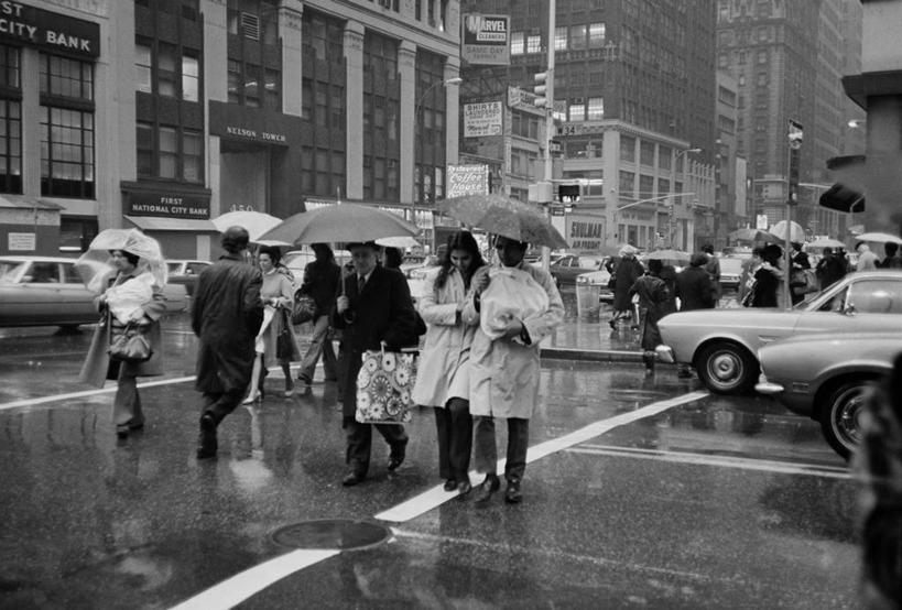 成年人,横图,黑白,室外,白天,雨,建筑,街道,人行横道,汽车,纽约,美国,行人,湿,伞,交通,天气,许多人,休闲装,一群人,放松,摄影,市区,纽约州,男人,女人,步行,横越