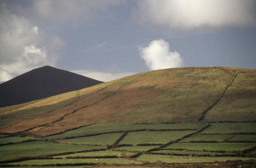 无人,横图,室外,白天,农业,美景,山,爱尔兰,欧洲,景观,田地,云,绿色,风景,天空,自然,景色,摄影,宁静,西欧,自然风光,剪影,芒斯特省,爱尔兰共和国,丁格尔半岛,凯里郡,芒斯特,几何形状,彩图