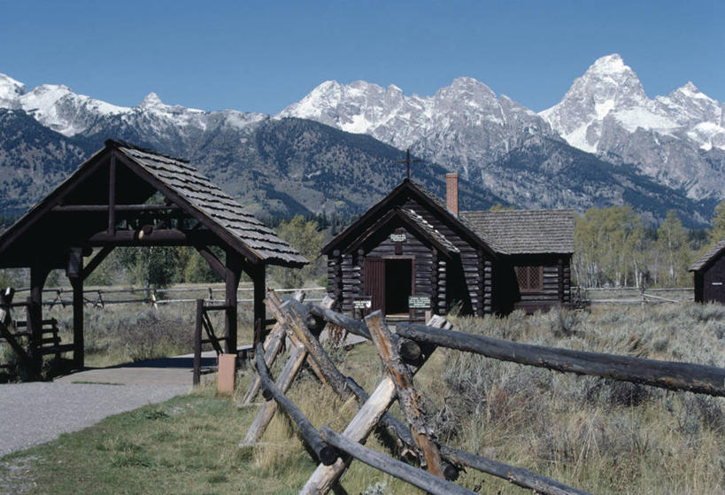 无人,教堂,横图,室外,白天,山,建筑,美国,山谷,风景,摄影,宁静,怀俄明,大提顿国家公园,杰克逊霍尔,彩图,小木屋,郊野公园