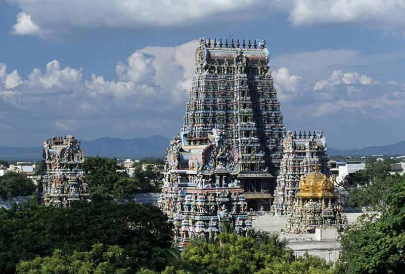 无人,寺庙,横图,俯视,室外,白天,建筑,印度,树,摄影,宗教,宗教建筑,印度文化,印度教,灵性,泰米尔纳德邦,马杜赖,彩图,高角度拍摄