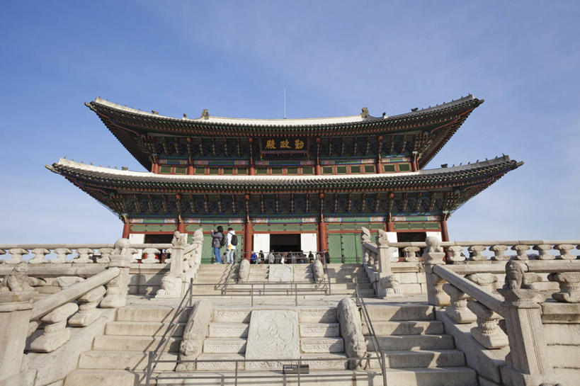 宫殿,横图,室外,白天,仰视,旅游,楼梯,建筑,景福宫,首尔,韩国,首都,历史,台阶,天空,地标建筑,摄影,朝鲜半岛,彩图,低角度拍摄