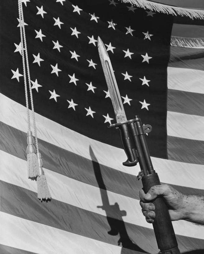手,一个人,竖图,黑白,室外,白天,仰视,骄傲,旗帜,阴影,冲突,军事,枪支,古典,两个,刀,武器,人体,角度,美国国旗,摄影,保护,部分,美国文化,来福枪,爱国主义,勇气,英雄,刺刀,美国人,低角度拍摄,美国军事