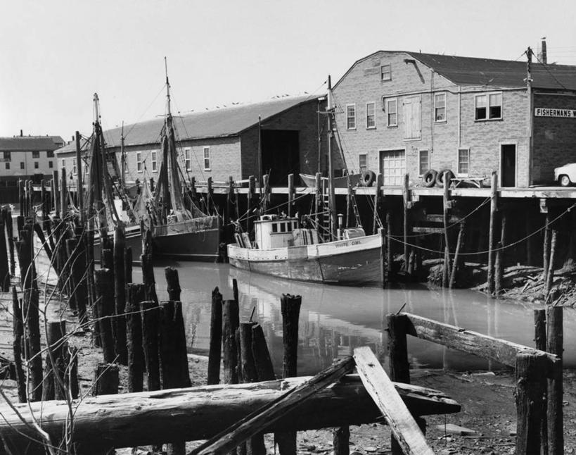 无人,横图,黑白,室外,白天,渔业,水,建筑,船,美国,停靠,城镇,天空,木桩,运输,摄影,北美,停泊,马萨诸塞,格洛斯特,海港