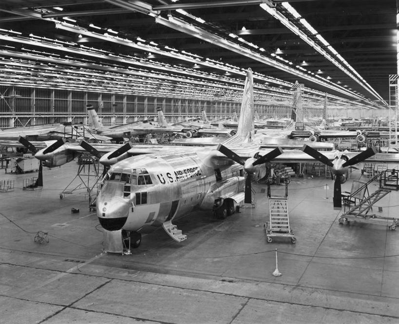 无人,工厂,横图,黑白,室内,生产线,飞机,美国,金属,工业,摄影,制造,飞行器,北美,C-130运输机