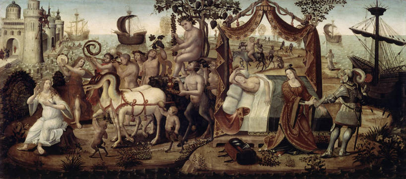 成年人,人群,横图,全景,插画,室外,白天,绘画,数码,科技,海洋,床,船,阴影,神话,艺术,网络,许多人,高光,几何,计算机图形,古典,合成,图画,文化,画,工艺品,品味,一群人,美术,电脑合成图,数码合成图,高雅,合成图,游行,漫画,战车,写实,具体,具象,美学,酒神巴克斯,酒神狄俄尼索斯,阿里阿德涅,特修斯,男人,女人,彩图,拿索斯