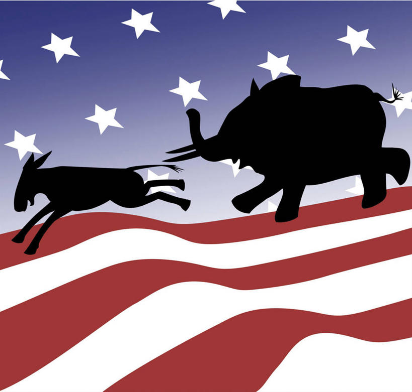 无人,跑,横图,插画,侧面,绘画,数码,科技,追赶,阴影,条纹,艺术,网络,高光,几何,计算机图形,古典,合成,图画,文化,画,动物,工艺品,品味,两只,星形,美国国旗,幽默,美术,电脑合成图,数码合成图,高雅,合成图,剪影,政治,漫画,美国文化,计算机制图,竞选,写实,具体,具象,美学,驴子,共和党,民主党,象,彩图