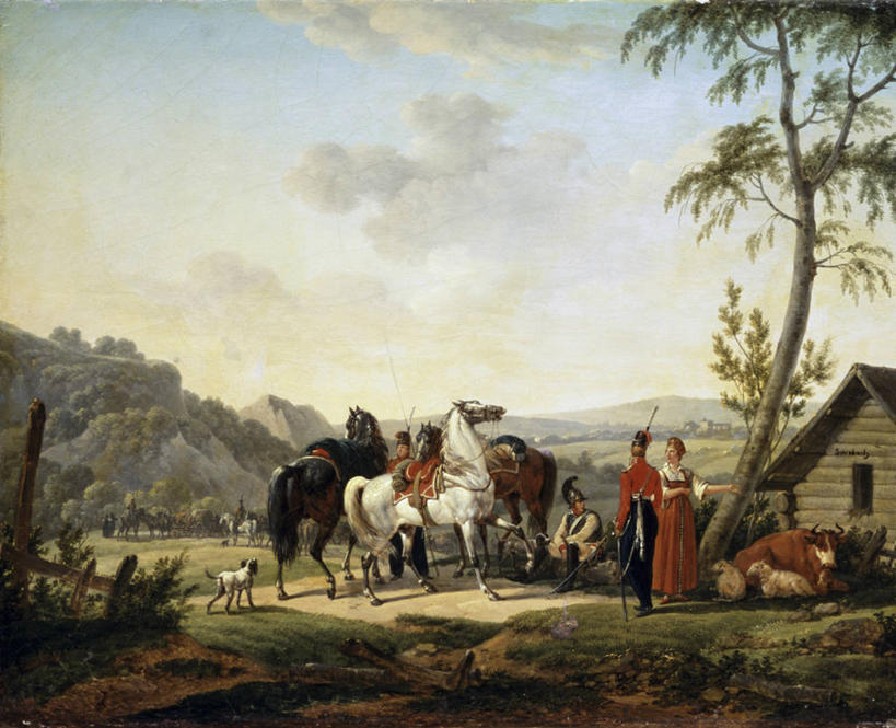 成年人,四个人,人群,站,横图,插画,室外,白天,绘画,数码,科技,美景,狗,马,油画,士兵,阴影,艺术,军事,网络,景观,高光,几何,计算机图形,古典,合成,图画,文化,画,树,自然,工艺品,品味,景色,放松,牲畜,美术,电脑合成图,数码合成图,高雅,合成图,自然风光,军服,漫画,18世纪,写实,具体,具象,美学,男人,女人,彩图,小屋,阿方索十三世