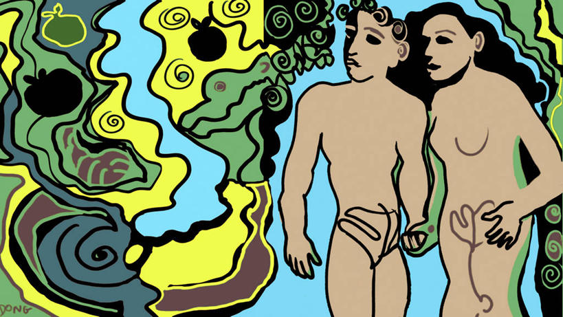 成年人,头发,裸体,两个人,夫妻,站,横图,插画,侧面,爱情,绘画,数码,科技,风,苹果,阴影,艺术,网络,高光,几何,计算机图形,古典,浪漫,合成,图画,文化,画,黑色,工艺品,品味,恩爱,颜色,诱惑,恋人,宗教,美术,电脑合成图,数码合成图,高雅,基督教,合成图,迷路,漫画,计算机制图,写实,具体,具象,美学,悲哀,旧约,伊甸园,夏娃,亚当,异性恋,年轻男性,年轻女性,年轻人,夫妇,情侣,手牵手,彩图,伴侣