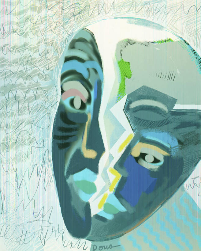 头,一个人,竖图,插画,抽象,数码,科技,阴影,沮丧,网络,高光,几何,计算机图形,合成,图画,现代,画,人体,电脑合成图,数码合成图,合成图,忧虑,改变,身份,漫画,计算机制图,写实,具体,具象,头部,彩图,精神疾病,精神分裂症