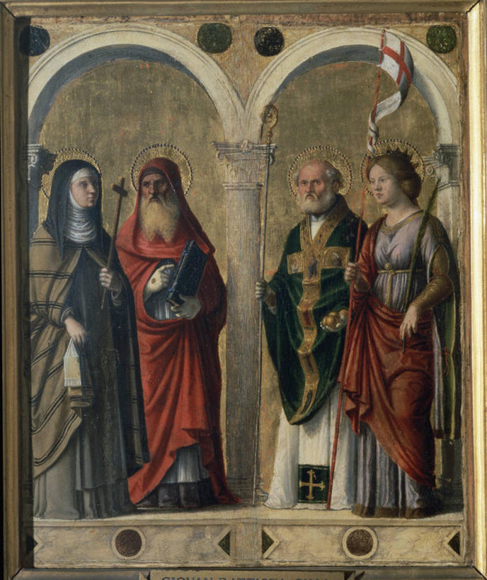 成年人,四个人,人群,竖图,插画,室内,白天,绘画,数码,科技,光晕,旗帜,油画,阴影,艺术,网络,十字架,柱子,高光,几何,计算机图形,古典,文艺复兴,合成,图画,拿着,文化,画,工艺品,品味,宗教,美术,电脑合成图,数码合成图,高雅,基督教,合成图,漫画,写实,具体,具象,美学,圣人,美术工艺,男人,女人,书,修女,彩图,杰罗姆,殉道者