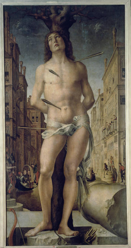 成年人,一个人,站,竖图,插画,室外,白天,数码,科技,仅一个男性,阴影,艺术,网络,高光,几何,计算机图形,文艺复兴,合成,图画,裸露,画,树干,箭,赤脚,宗教,死亡,电脑合成图,数码合成图,基督教,合成图,痛苦,裸,漫画,处罚,背手,写实,具体,具象,圣人,美术工艺,拷问,圣塞巴斯蒂安,彩图,殉道者