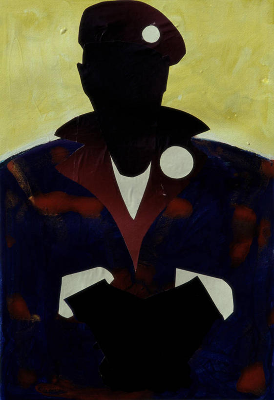 成年人,一个人,双手交叉,竖图,插画,室内,留白,正面,数码,科技,种族歧视,仅一个男性,阴影,网络,圆形,高光,几何,计算机图形,合成,图画,画,电脑合成图,数码合成图,权威,领导,双手抱胸,合成图,贝雷帽,军服,政治,漫画,写实,具体,具象,把握,半身,彩图,社会问题,黑豹党,公民权利,掌控