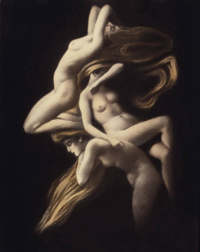 成年人,头发,裸体,三个人,人群,竖图,插画,侧面,性感,数码,科技,阴影,黑色背景,网络,明信片,高光,几何,计算机图形,合成,图画,画,电脑合成图,数码合成图,创造力,合成图,恶魔,漫画,想象,写实,具体,具象,想法,美术工艺,女人,长发,彩图,错觉